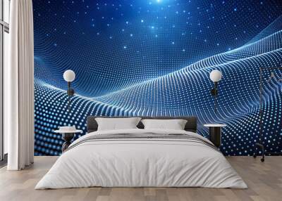 3D Wave Landscape with Dots and Binary Code, Digital Processing and Virtual Reality. Technology background with dots and waves neural networks, AI, data transmission and encryption, Wall mural