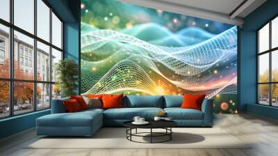 Abstract digital wave of particles. Futuristic point wave. Technology background. Wave with moving dots and lines. Particle flow Wall mural