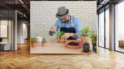 Elderly men Sitting on the desk I'm doing a hobby of planting trees and looking happy. Wall mural