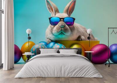 easter bunny with easter eggs, cute, glasses  Wall mural