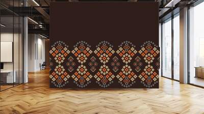 Traditional ethnic motifs ikat geometric fabric pattern cross stitch.Ikat embroidery Ethnic oriental Pixel brown background.Abstract,vector,illustration. Texture,decoration,wallpaper. Wall mural