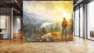 A lone hiker with a backpack traverses a mountain trail, enjoying a scenic summer view of the majestic alps Wall mural