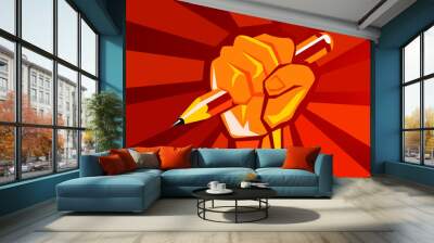 Vector illustration of a hand holding a pencil on a red background - educational revolution concept Wall mural