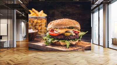 Burger with fries on wooden Wall mural