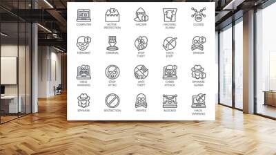 Linear icons of virtual protection, cyberattacks, computer viruses, hacking, stealing and piracy theme . Contour symbols of web protection and warnings. 20 outline vector pictographs isolated on white Wall mural