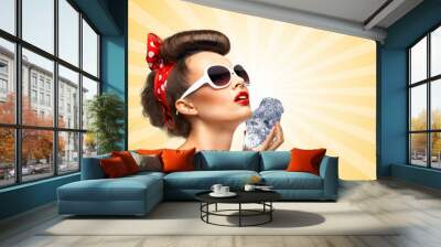 icy pinup girl / the vintage photo of a glamorous vintage pin-up girl holding a cool ice cube on her Wall mural