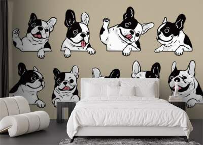 Cute Cartoon peeking Black and White French Bulldog dog set	 Wall mural