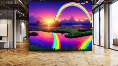 rainbow sunset over a pond in the style of a videogame Wall mural