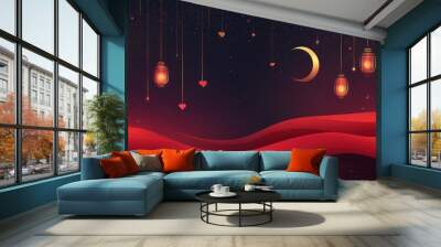 Romantic Night Sky with Glowing Lanterns and Crescent Moon - A Beautiful Illustration of Love and Celebration. Wall mural