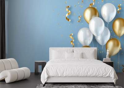 Balloon birthday background confetti anniversary happy gold party ballon white. Birthday balloon background ribbon card design 3D golden isolated celebrate decoration illustration blue banner color Wall mural