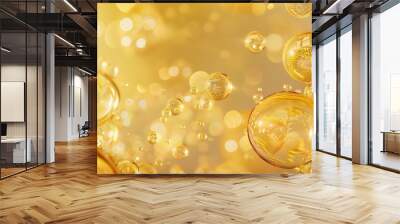 golden yellow Bubbles oil collagen serum Molecule cosmetic product 3d rendering fuel natural crude gasoline liquid power background olive gold nature dripped pour organic concept water ingredient. Wall mural