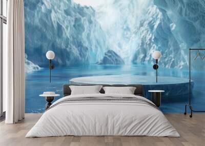 Ice background podium cold winter snow product platform floor frozen mountain iceberg. Podium glacier cool ice background stage landscape display icy stand 3d water nature pedestal arctic concept cave Wall mural