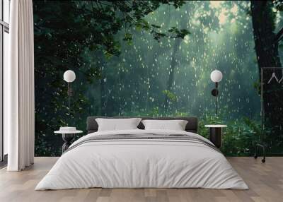 landscape autumn rain drops splashes in the forest background, october weather landscape beautiful park. Wall mural