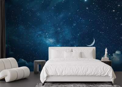 Nighttime sky featuring stars and crescent moon. Generative AI Wall mural