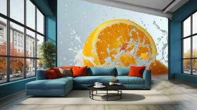 orange fruits splashing water splash liquid fruit citrous background breakfast bright colours cut design diet drink dripped droplet eating element expression falling flowing food health healthy. Wall mural