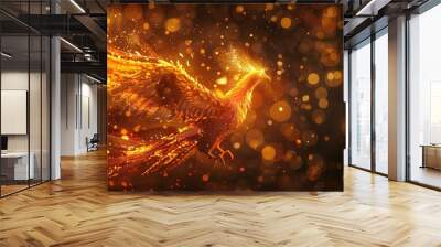 Phoenix bird fire fantasy firebird abstract magic 3D eagle animal. Phoenix bird fire tale character illustration render hawk fairy wings graphic feather gold background fenix logo icon red art pheonix Wall mural