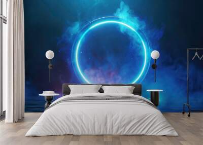 Podium light hologram tech technology background portal circle cyberpunk effect digital. Game element podium hologram light blue hud vector 3d future futuristic data concept neon vr fi abstract cyber Wall mural