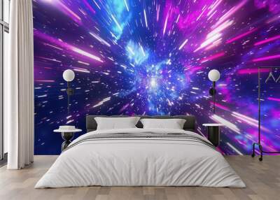 rendering 3d other celebration carnival party event background cosmic universe explosion galaxy light speed colors glow neon purple blue abstract bg fireworks photon ray technology flash. Wall mural