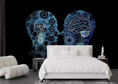 Vector of two human heads made of gears with light bulb shape inside Wall mural