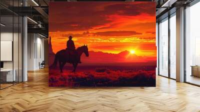 Western landscape with silhouette of a lonely cowboy riding a horse in beautiful midwest scenery. Wall mural