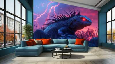 A fantasy lizard with glowing red eyes and long black spines on its body Wall mural