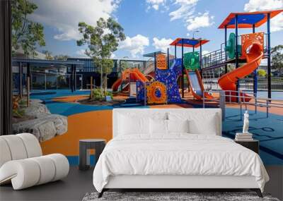 Colorful Playground with a Slide and Climbing Structures Wall mural