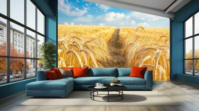 Golden Wheat Field Path Under a Blue Sky Wall mural