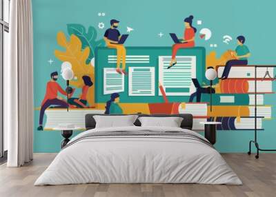 Modern Education: Group of People Studying with Laptops and Books Wall mural