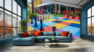 Outdoor Chess Set on a Colorful Play Area Wall mural