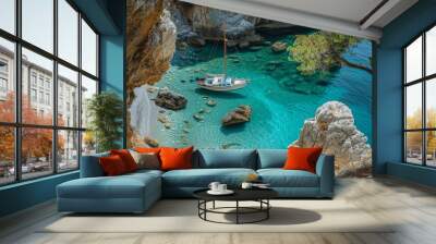 Sailboat Anchored in a Tranquil Cove Wall mural