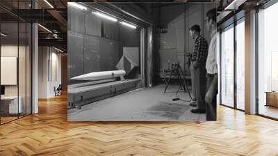 Two Men Inspecting a Missile in a Wind Tunnel Wall mural