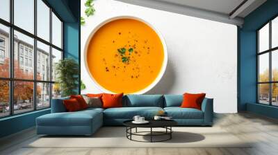 A bowl of soupe de poisson with rouille sauce, isolated on a light grey background for a minimalist aesthetic Wall mural