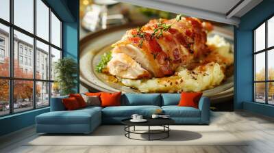 A chicken fillet wrapped in bacon and roasted to perfection, served with mashed potatoes Wall mural