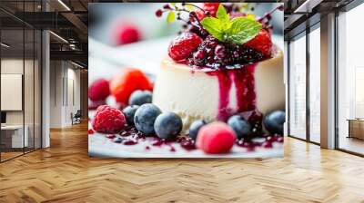 A close up of a beautifully presented Italian panna cotta dessert, topped with fresh berries and a drizzle of berry sauce Wall mural