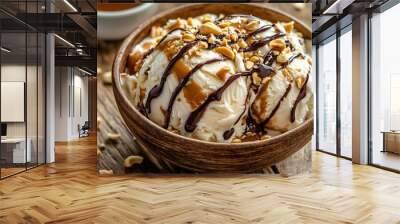 A close up shot of a peanut butter and chocolate swirl in a bowl of vanilla ice cream, topped with crushed peanuts and a drizzle of caramel sauce, set on a rustic wooden table Wall mural