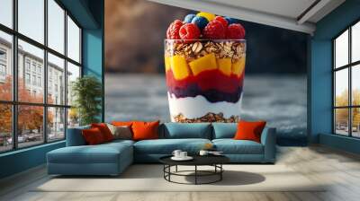 A colorful fruit parfait with layers of yogurt, granola, and berries, presented on a smooth matte concrete surface Wall mural