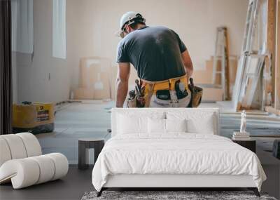 A construction worker installing tile flooring in a new home Wall mural