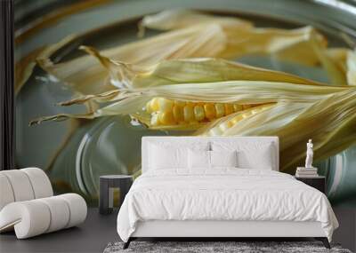 A corn husk floating in a clear bowl of water, with minimal ripples and reflections Wall mural