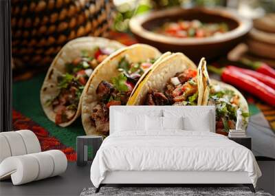 A dramatic presentation of tacos filled with grilled meats and vegetables, placed on a colorful tablecloth with woven baskets and chili peppers in the background Wall mural