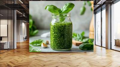 A kitchen counter with a glass jar of homemade basil pesto, surrounded by fresh basil leaves and ingredients Wall mural