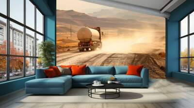 A lone tanker truck traveling along a deserted, dusty road Wall mural