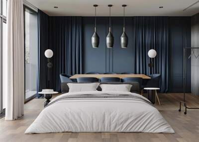 A minimalist dining room with navy blue curtains and a single accent wall in the same hue Wall mural