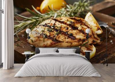 A perfectly grilled chicken fillet with grill marks, served on a wooden board with herbs and lemon slices Wall mural