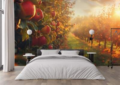 A picturesque orchard with rows of apple trees heavy with ripe fruit, leaves turning vibrant colors Wall mural