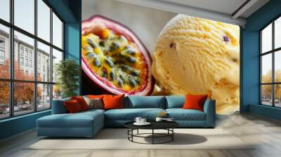 A piece of passion fruit next to a scoop of passion fruit flavored ice cream, emphasizing the contrast between the fuzzy skin and the smooth ice cream Wall mural