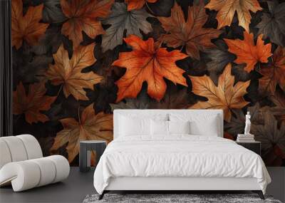 A repeating pattern of autumn leaves, each one intricately detailed and shaded in rich hues, set against a dark, textured background Wall mural