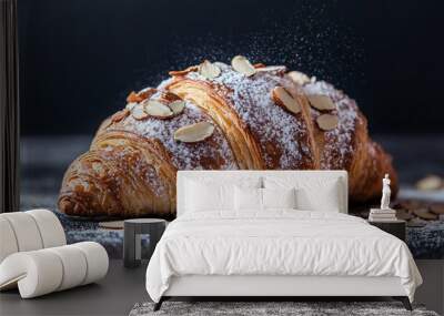 A rich almond croissant with slivered almonds and powdered sugar on top, sitting on a dark charcoal concrete surface, the contrast highlighting its texture Wall mural