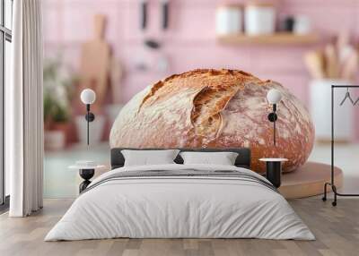 A round loaf of crusty whole wheat bread, set against a soft pastel background with kitchen utensils softly visible in the distance Wall mural