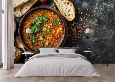 A rustic table with a bowl of hearty lentil soup, garnished with fresh herbs and a side of crusty bread Wall mural