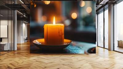 A single burning candle in a dark room, with the flame casting a warm, flickering light and soft shadows on the surrounding surfaces Wall mural